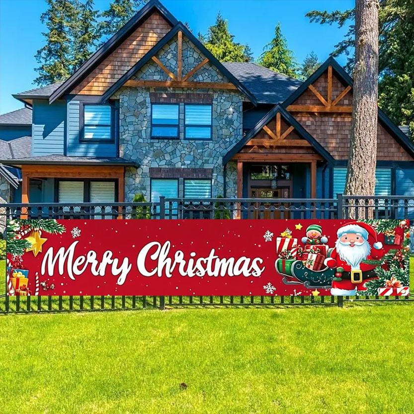 Festive Lawn Yard Merry Christmas Banner, Outdoor Holiday Welcome Porch Fence Decor