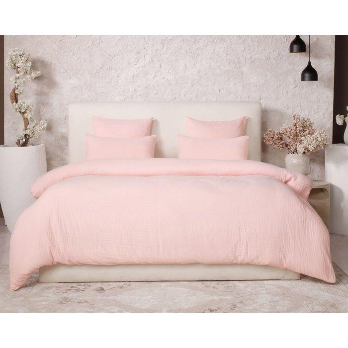 Housse De Couette + Taies Gaze De Coton Lave 240 X 260 Cm Douceur Rose