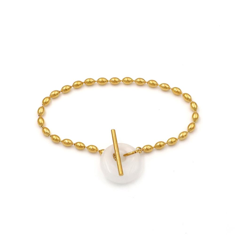 

18K Gold Stainless Steel Rice Bead Chain Jewelry French Retro Natural Round Crystal Greenstone Ot Buckle Bracelet