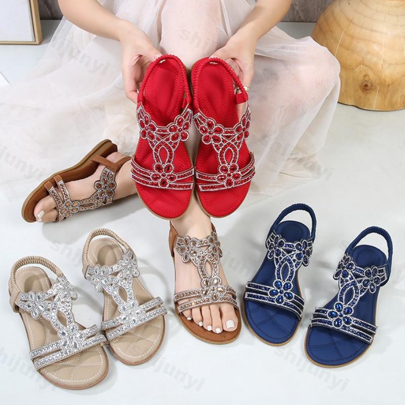 Fashion 2025 New Summer Women's Rhinestone Design Flat Sandals Bohemian Style Comfortable Lightweight hollow Breathable Elegant Shoes