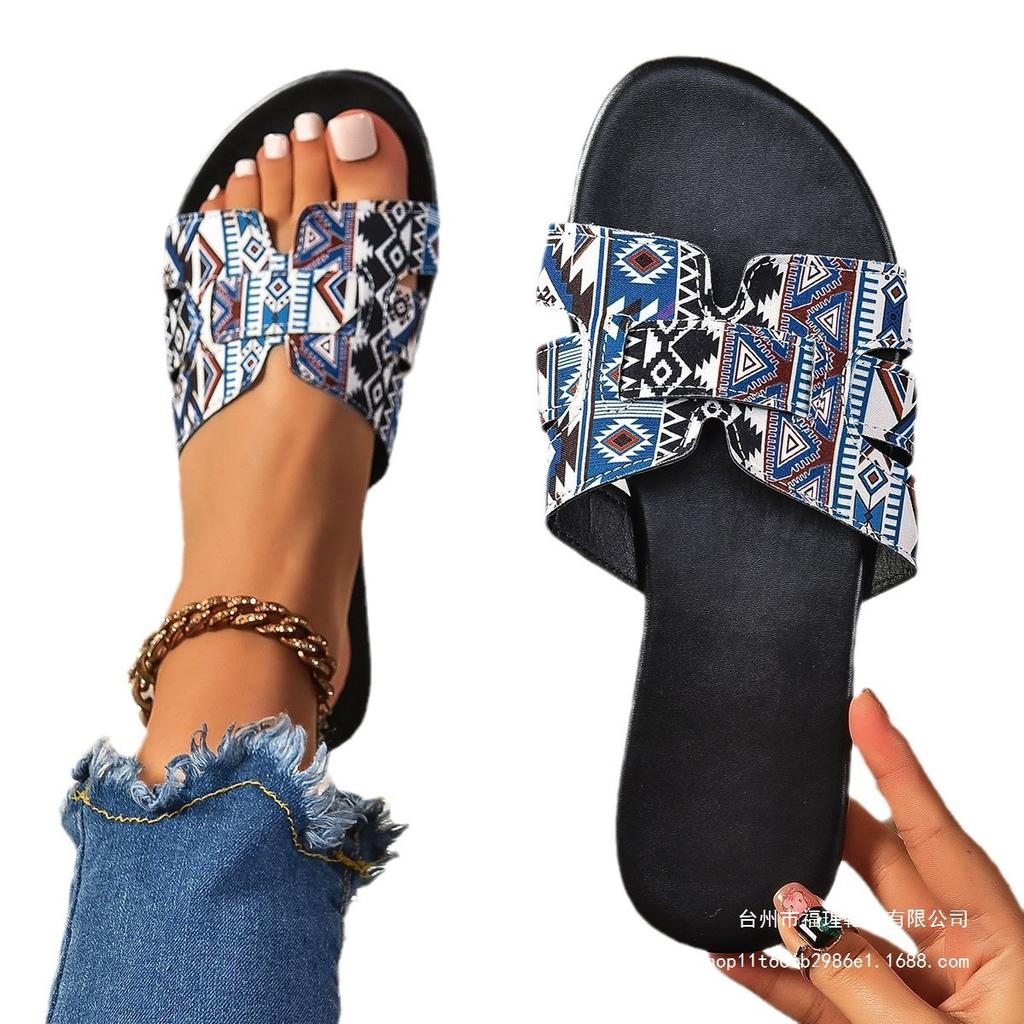 2025 Summer New Foreign Trade Large Size Women's Slippers Bohemian One-word Flat Bottom Women's Cool Slippers Slippers