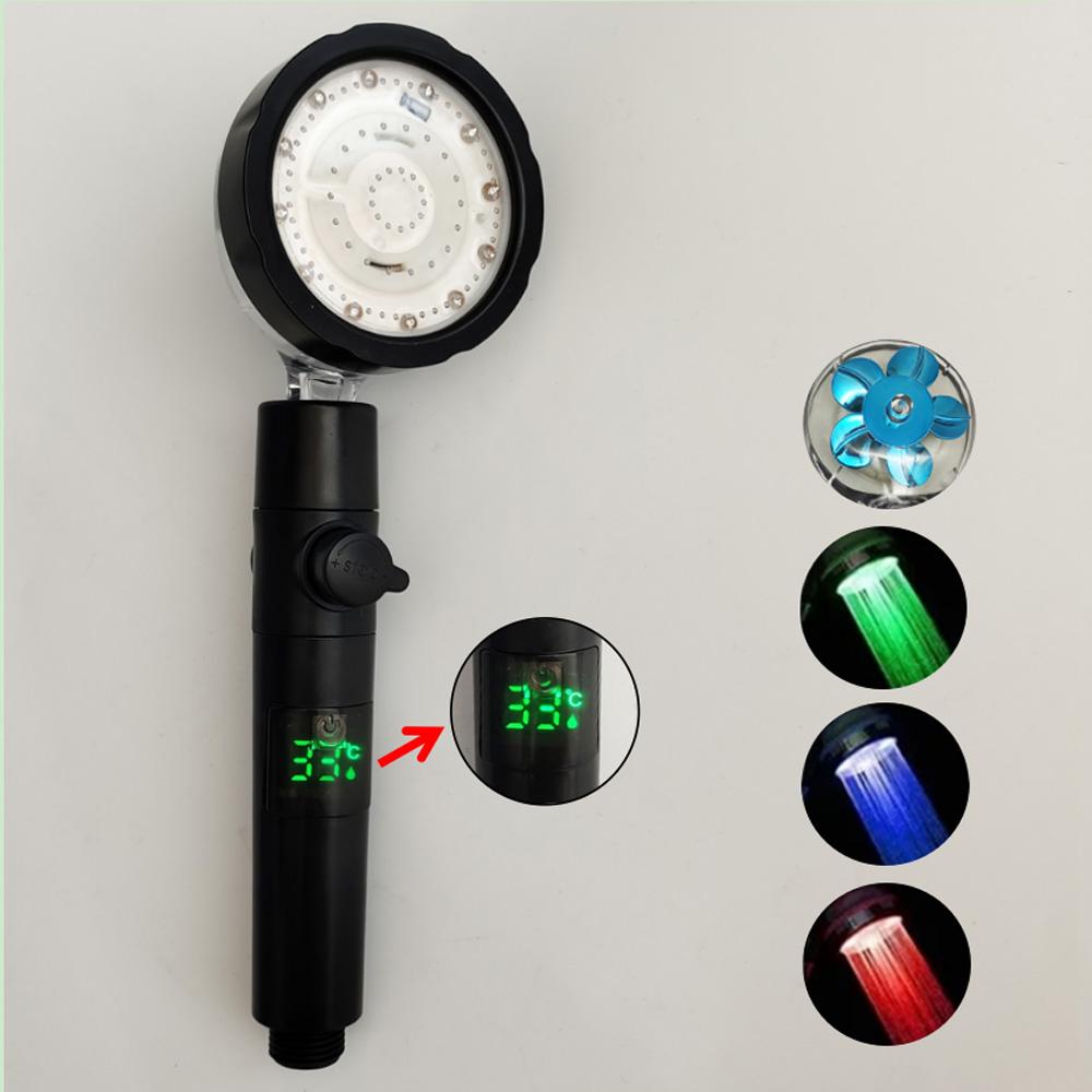 LED Digital Temperature Display Shower Head Temperature Control Colorful Fan High Pressure Rainfall Showerhead With Stop Button