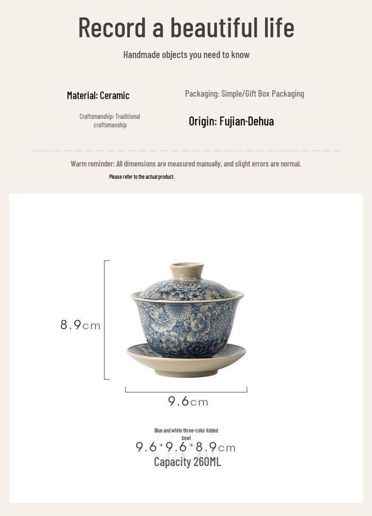 Blue and White Porcelain Ru Kiln Tea Set – Retro Lidded Bowl Tea Cup with Blossoms, Anti-Scald Design for Brewing Tea