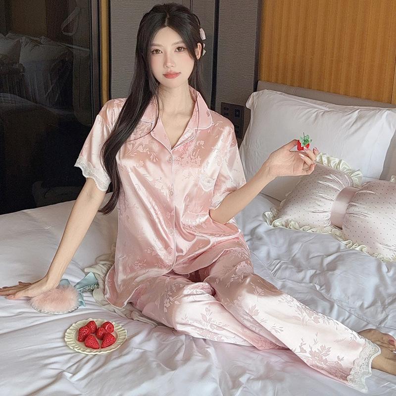 National Style Light Luxury Ice Silk Pajamas Women'S Summer Pink Flower Lace Short-Sleeved Trousers Loungewear