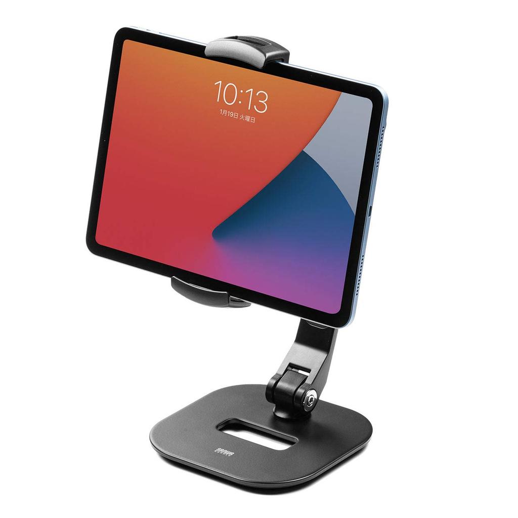 Sanwa Direct iPad Tablet Arm Stand, Compatible with 6-13 inch Tablets, 2-Joint Adjustable Angle and Rotation, Black, 200-STN052BK