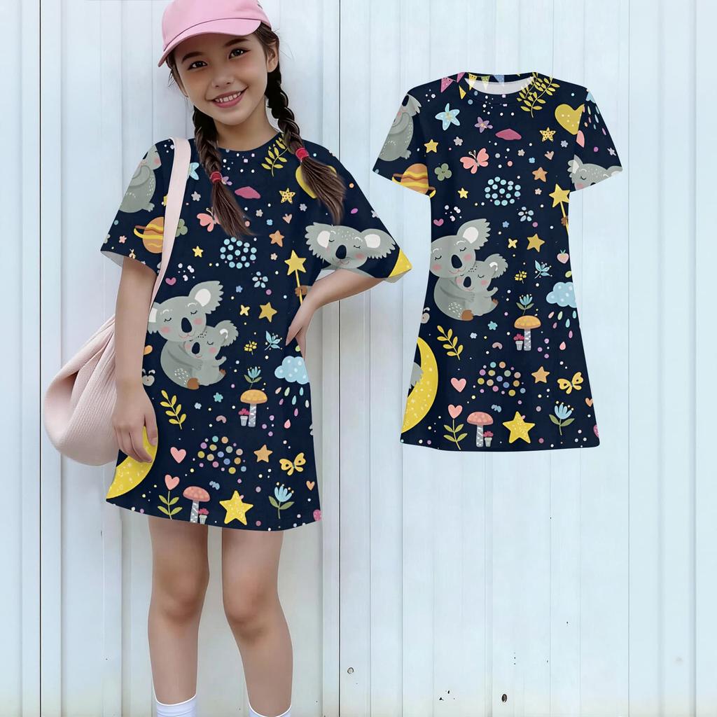 Girls Print Casual Dress Kids Loose Round Neck Short Sleeve Thin Sundress