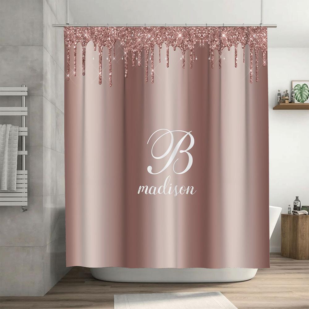 Waterproof Bath Shower Curtain Decorative Soft Fabric Family Name Monogram Initials Luxury Rose Gold G