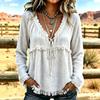 Women's Casual V-Neck Long Sleeve Color Cotton Linen Blouse for Everyday Wear
