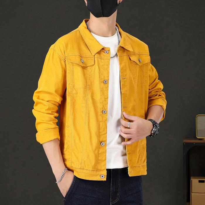 Весенне-осенняя эластичная джинсовая куртка Мужская верхняя пара Приталенная джинсовая куртка Мужская джинсовая куртка Повседневная куртка M жёлтый
