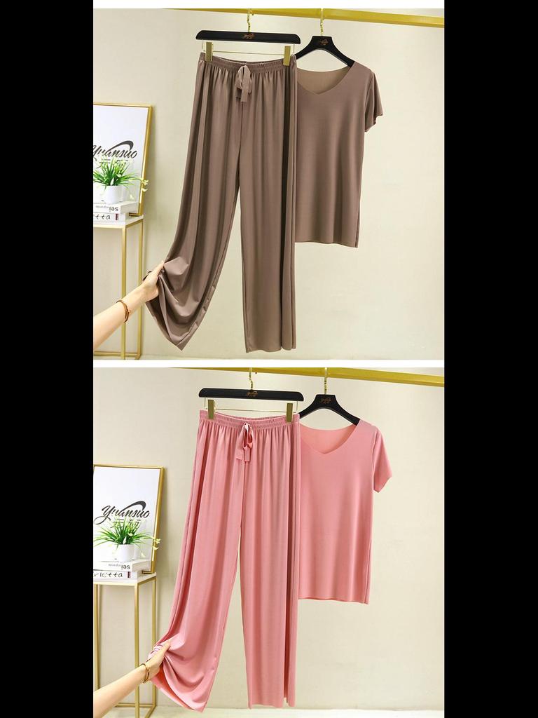 Nuovo due pezzi estivo in seta ghiacciata: Top a maniche corte con scollo a V e pantaloni casual drappeggiati a gamba larga