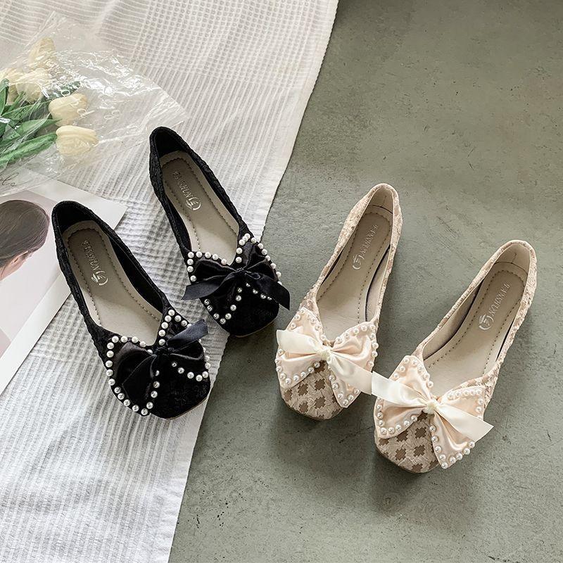 Square Head Flat Bottom Doudou Shoes Summer Korean Version Pearl Bow Evening Fairy Wind Single Shoes