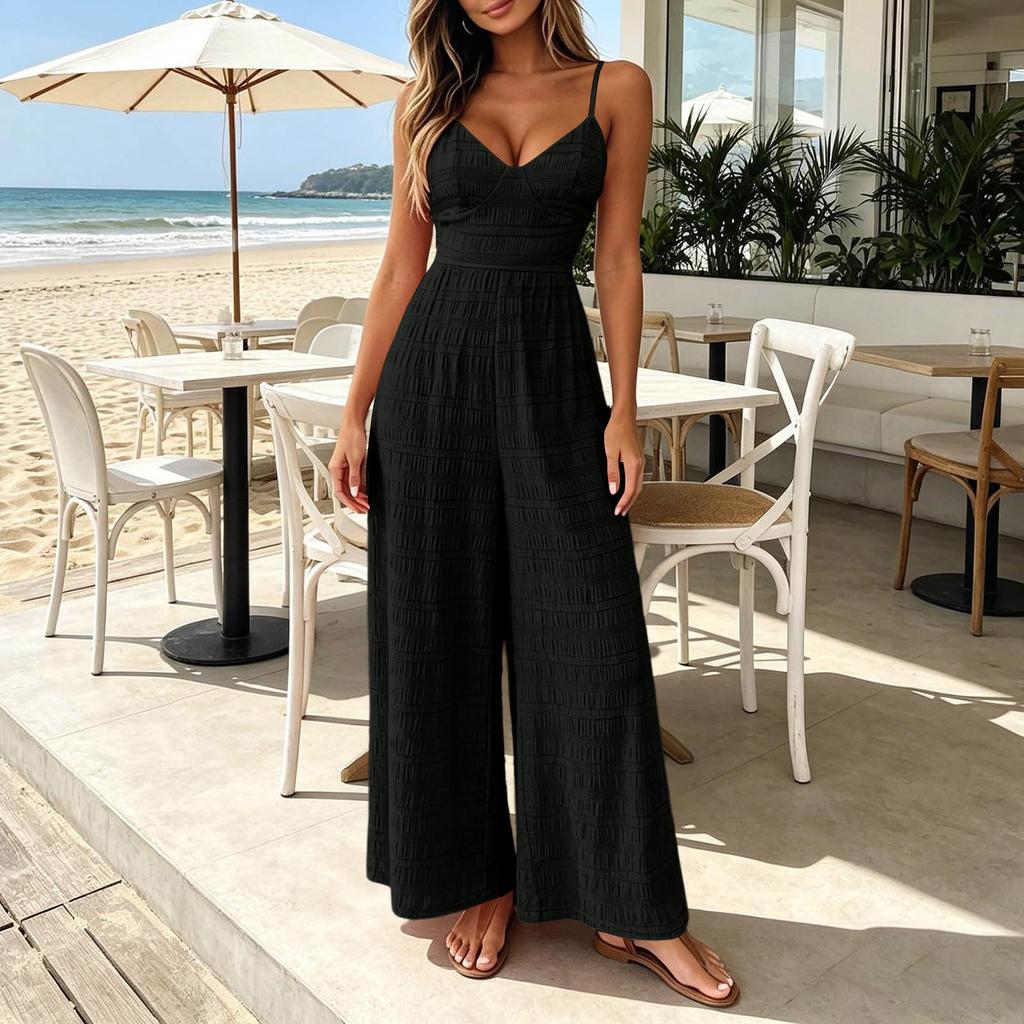 Women Sleeveless Spaghetti Strap Boho Wide Leg Party Elegant  Jumpsuit For