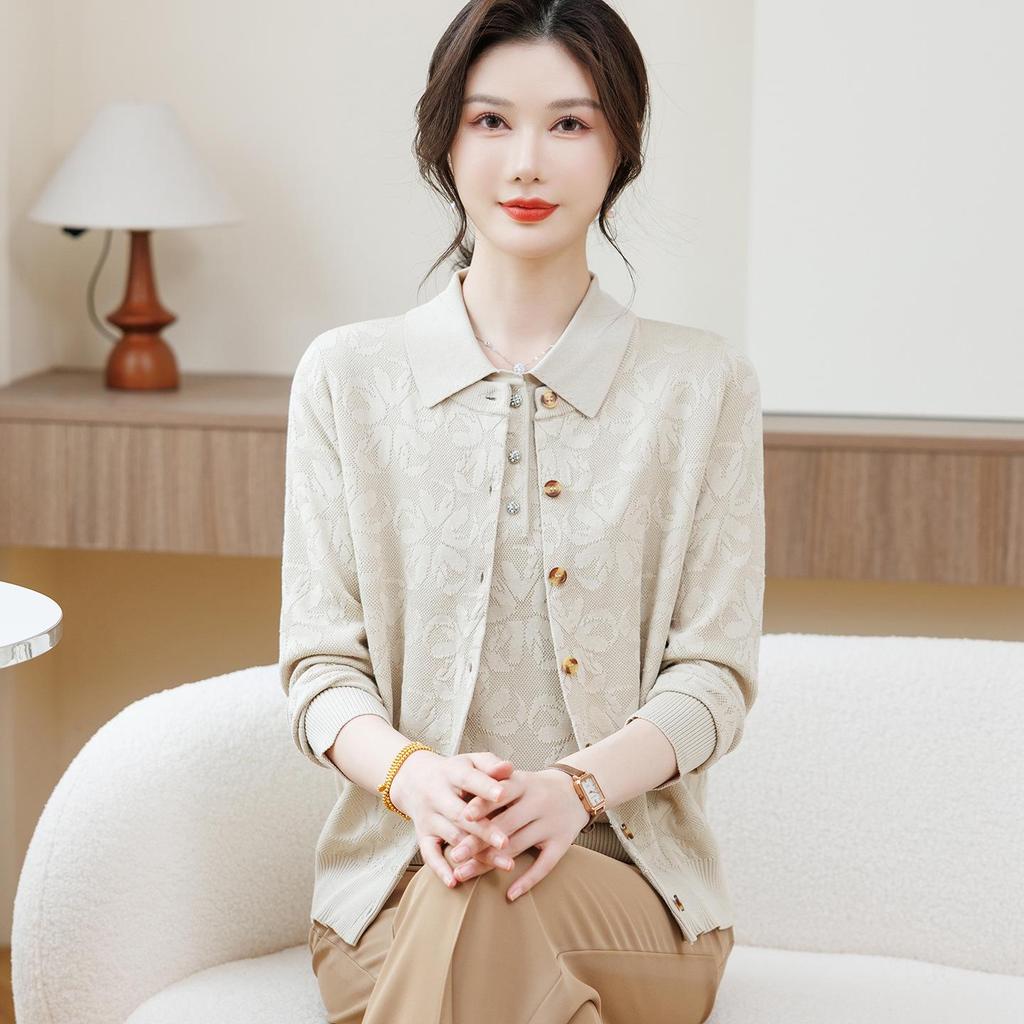 Mom's Spring Cardigan & T-shirt Two-Piece Set: Stylish Short-Sleeve for Middle-Aged & Elderly Women