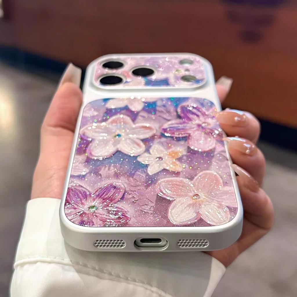 Fine flash purple flower is suitable for Apple 17promax gilt glitter iPhone16pro pearl case spring mobile phone case.