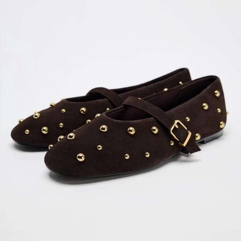 Mary Jane Shoes for Women Rivet Suede Classic Retro Brown Casual Soft Bottom Comfortable Ladies Flats Rhinestone Trimmed Flats