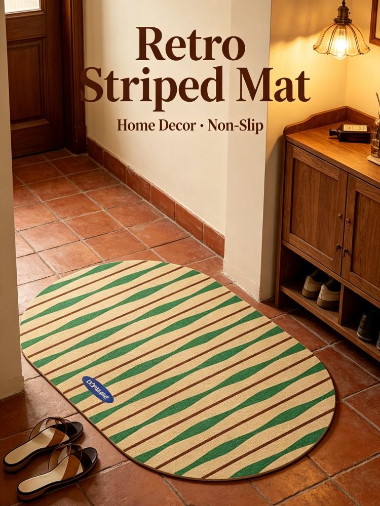 Minimalist Striped Diatomite Floor Mat Oval Shape Non‑Slip Absorbent Green Beige Rug For Bathroom Kitchen Entryway Indoor Home D