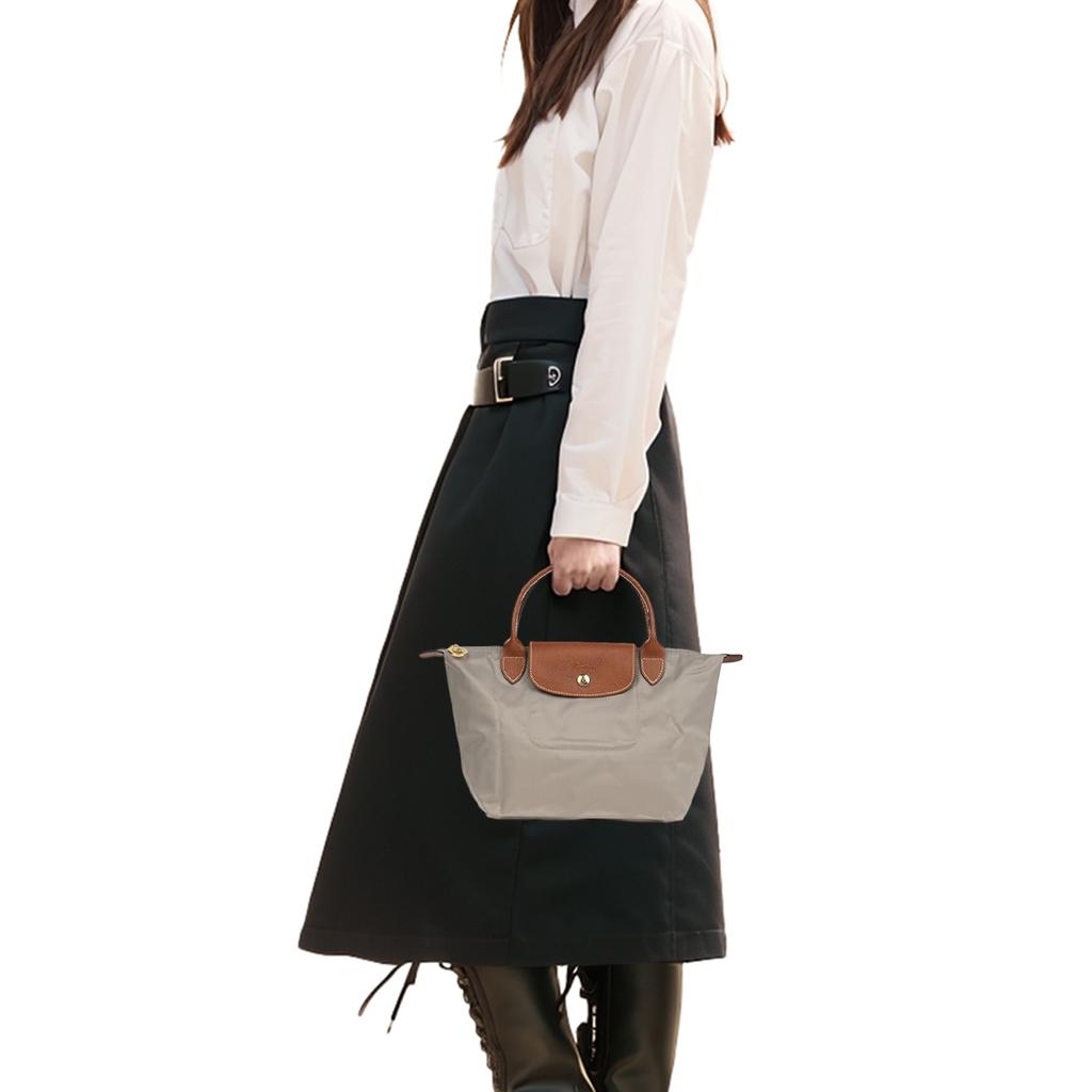 Longchamp Le Pliage 23 Short Handle Zipper Snap Canvas With Leather Trim Tote Bag Small Women handbags Dove-Gray 1621089P55