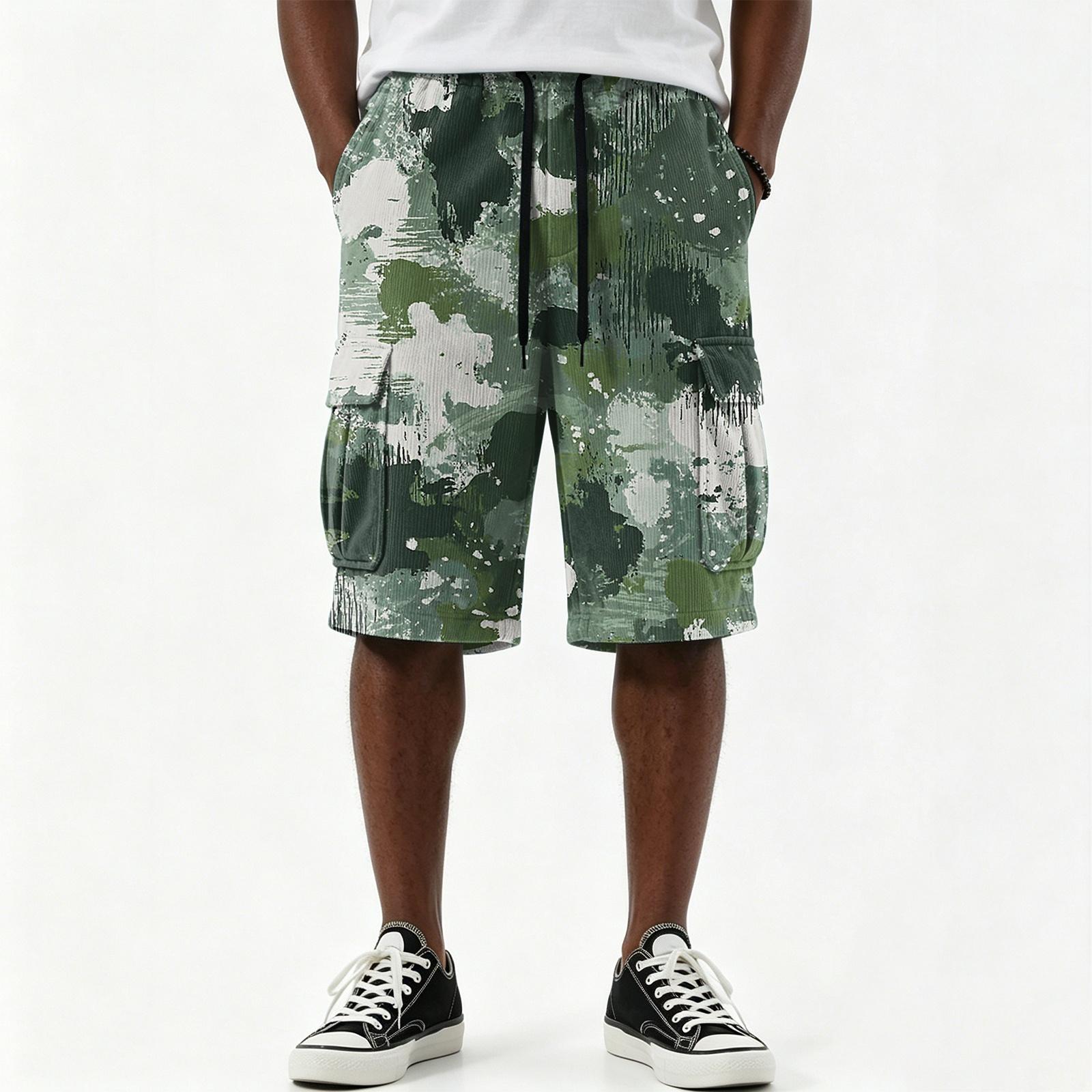 Men s Camouflage Print Drawstring Shorts with Multi-Pockets Casual Summer Mid-Length Shorts S