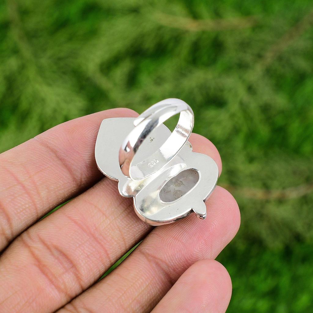 Gift For Her Natural Rainbow Moonstone Statement Bird Adjustable Ring 925 Silver