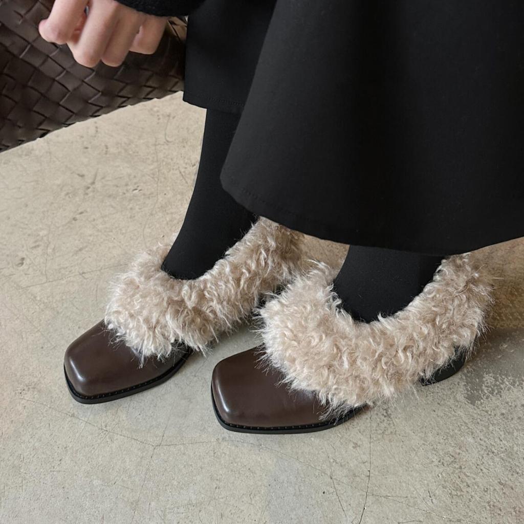 Retro Square Head Leather Single Shoes Women's One-pedal Velvet Warm Cotton Shoes Fluffy Temperament High-heeled Women's Shoes