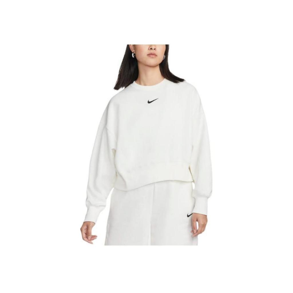 Nike Solid Color Logo Cropped Loose Round Neck Pullover Sweatshirt Women Tops White DQ5762-133