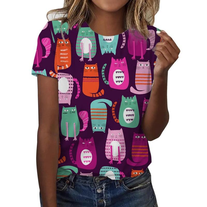 New Cute Cat T-shirt Animal Cat 3D Printed Women's Summer Round Neck Short sleeved T-shirt Harajuku T-shirt Women's Clothing