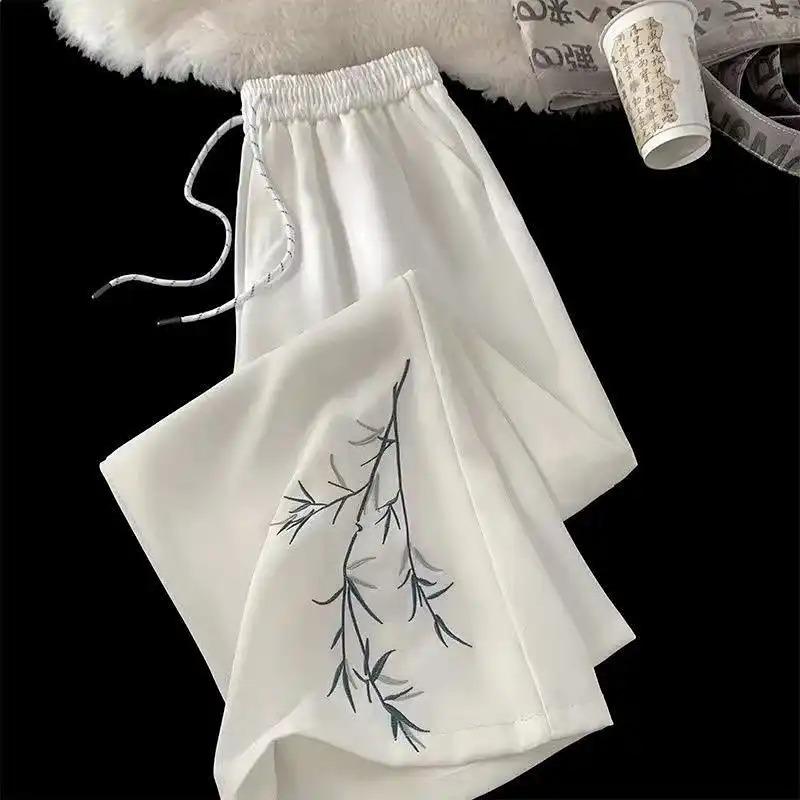 Men Bamboo Print Drawstring Waist Casual Pants S белый