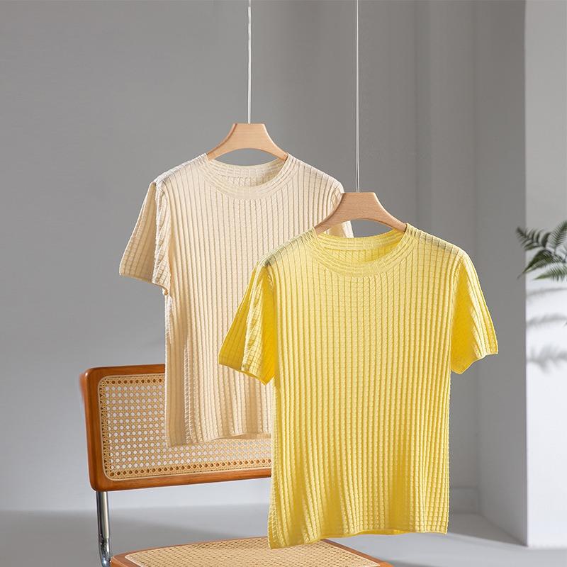 Tencel Acetate Waffle Knitted Short Sleeve Women's Crew Neck Loose Pullover Simple Top