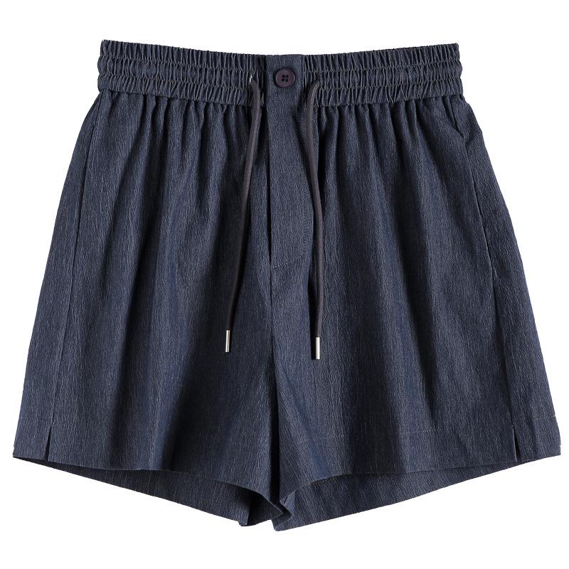 Dámské modré ledové hedvábí rychleschnoucí s vysokým pasem áčkového střihu s elastickým pasem volné ležérní široké nohavice střední délky 2025