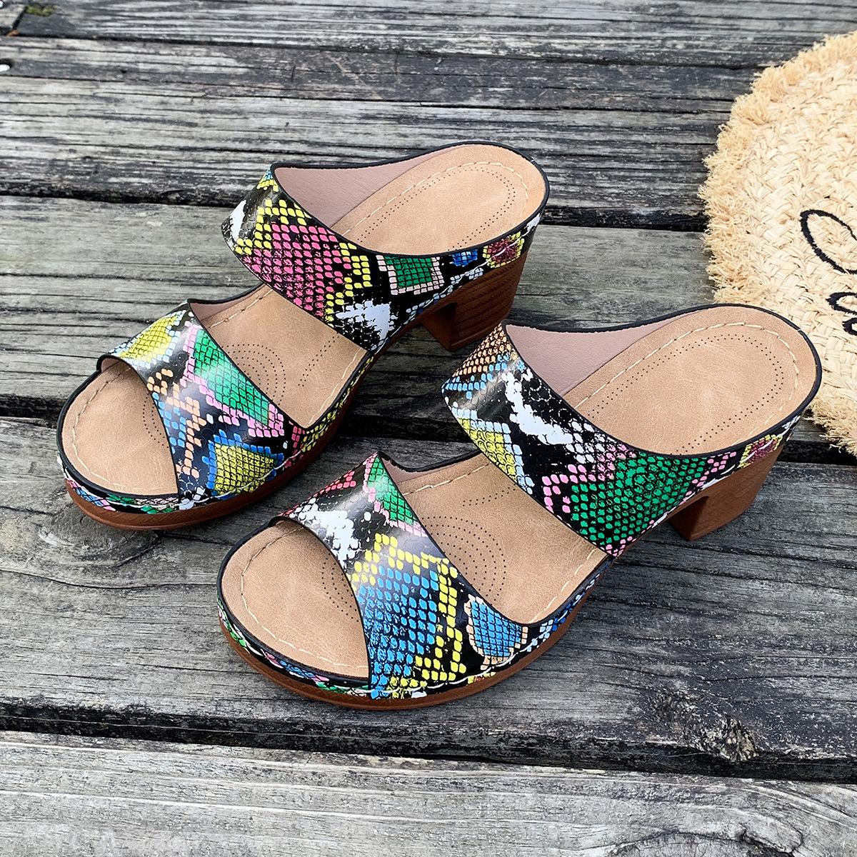 

Foreign trade large size summer new fish mouth cool fashion slippers leopard print snake pattern flower sewing thick heel sandals 43