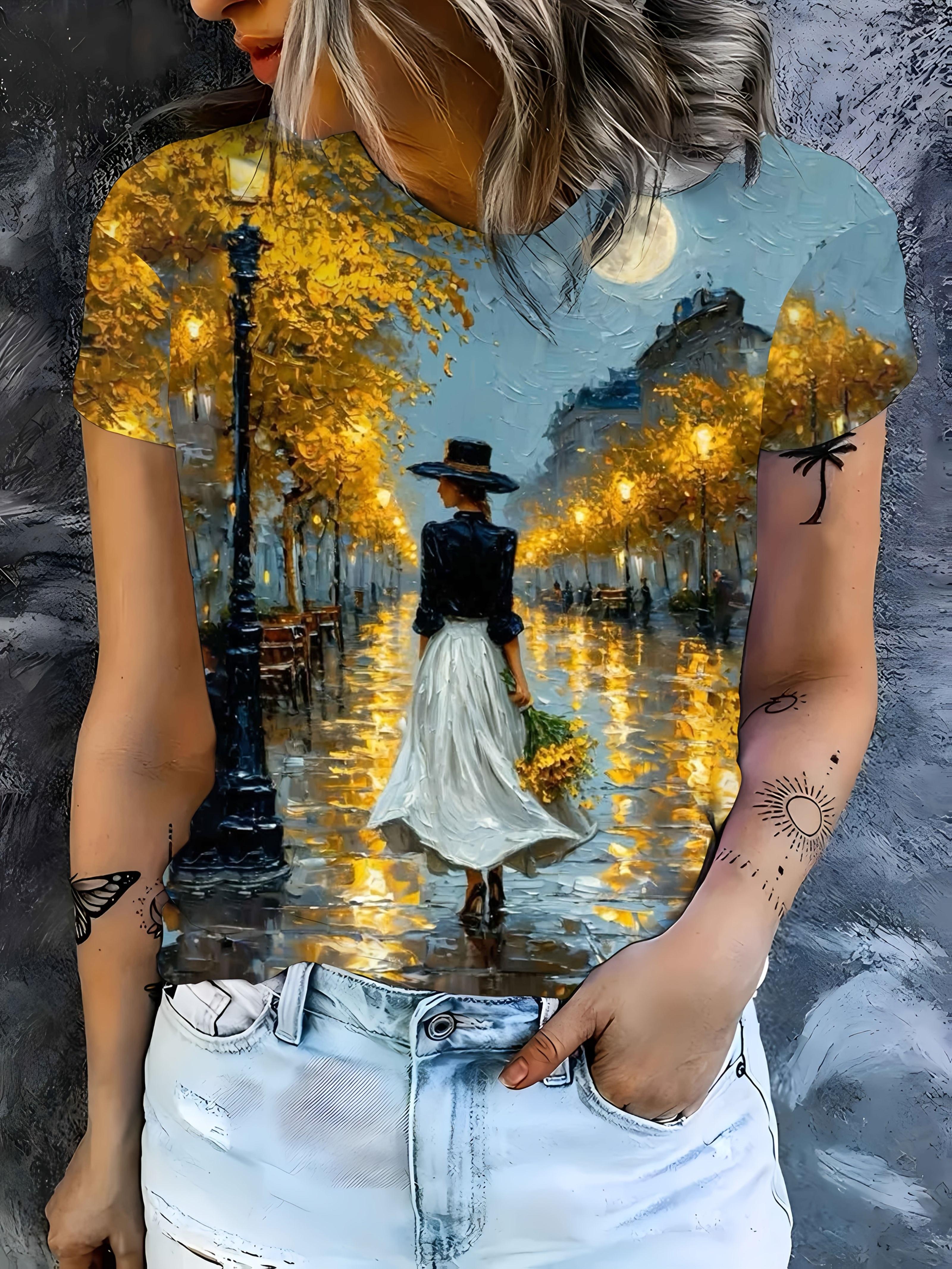 

Women s Round-neck Short-sleeve T-shirt. Featuring a Fashionable Portrait Print with 3D Printing Technology for a Visually Striking Three-dimensional S дубильная кора