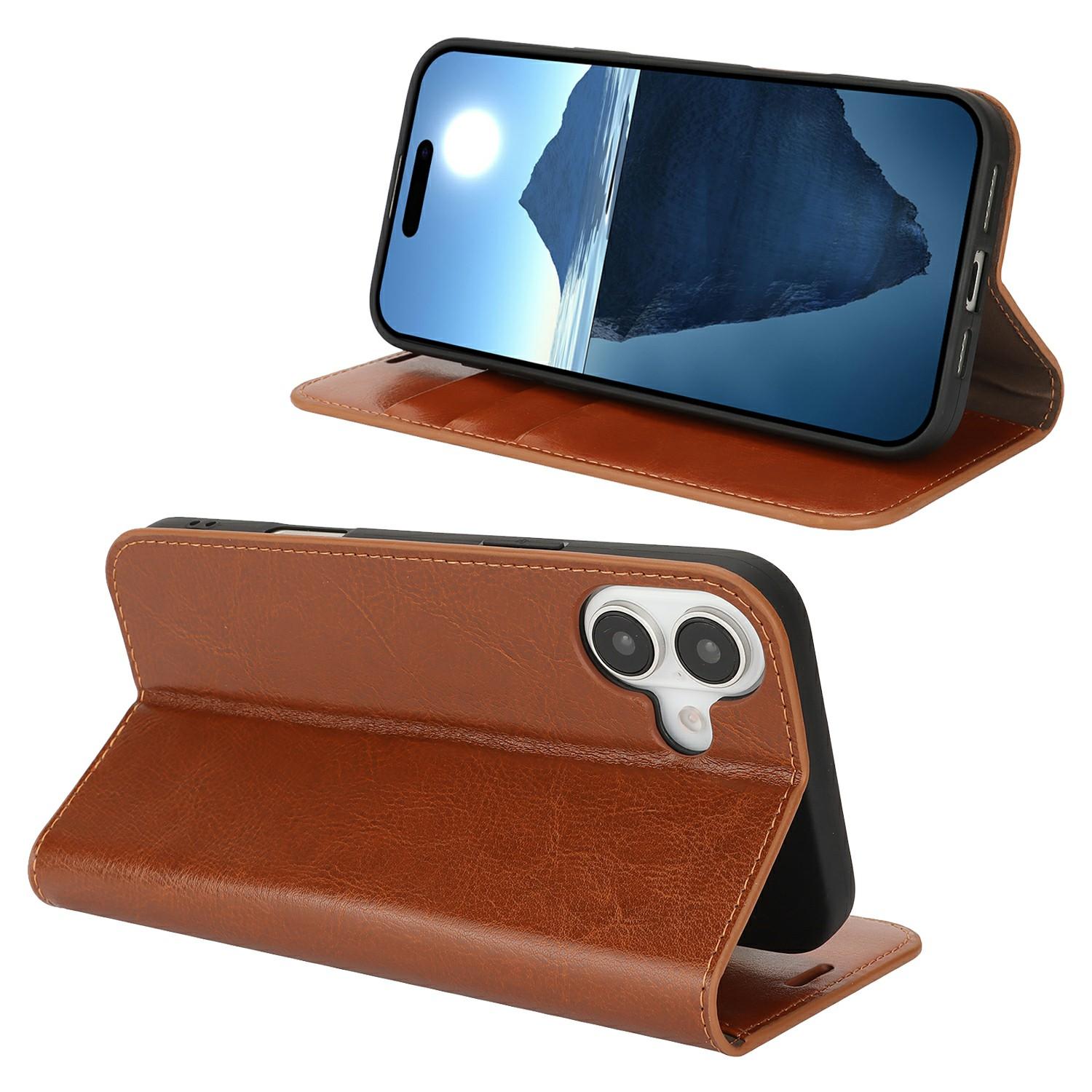 

For iPhone 16 Plus Case Crazy Horse Texture Split Leather Wallet Phone Cover Light Brown