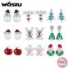 WOSTU 925 Sterling Silver Christmas Snowman Pearl Stud Earrings Xmas Red Hat Reindeer Ear Buckles New Year Jewelry Holiday Gift