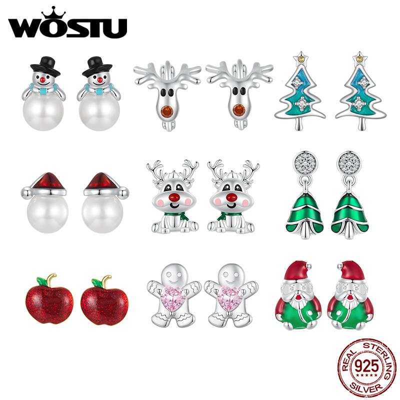 WOSTU 925 Sterling Silver Christmas Snowman Pearl Stud Earrings Xmas Red Hat Reindeer Ear Buckles New Year Jewelry Holiday Gift