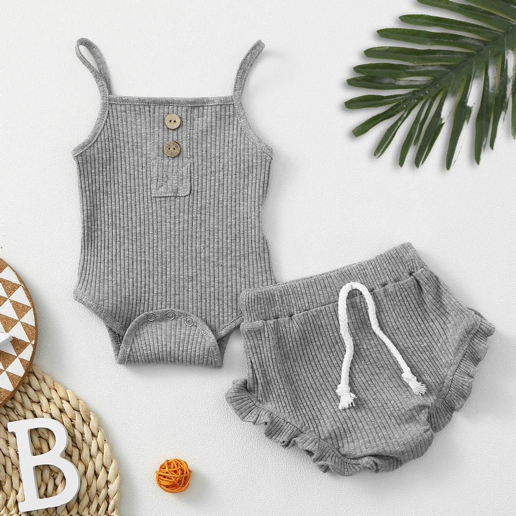 Noworodek Baby Girl Strap Solid Romper Tops Spodenki Zestaw letnich strojów