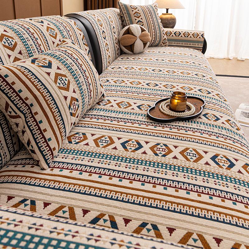 Ethnic Style Sofa Blanket Sofa Cushion Anti Slip Couch Cover Dark Color Series Easy To Clean Suitable For Various Scenarios 1Pcs