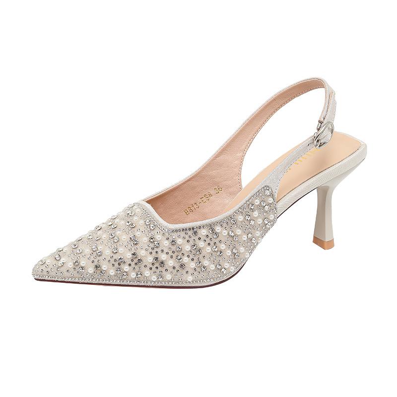 B813-ES8 Sequined Temperament Socialite Bag Head Sandals 2025 New Summer Pointed Rear Empty High-heeled Shoes