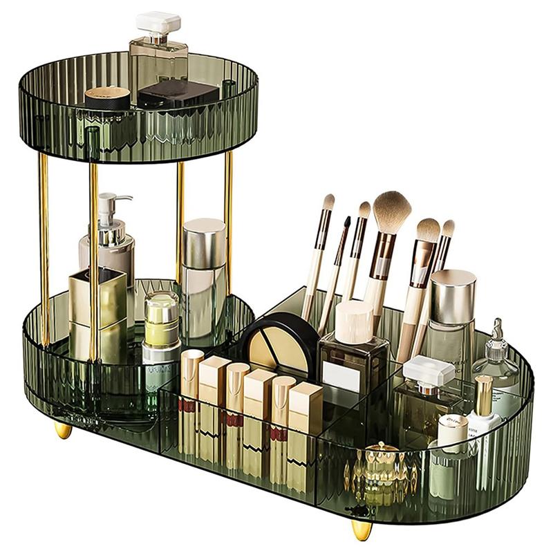 Rotating Makeup Organizer For Vanity, 2 Tier Perfume Cosmetic Skincare Organizers With Makeup Brush Holder