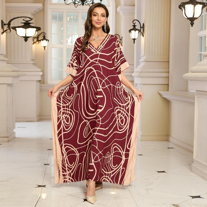 Women's Fashion Summer Spring Solid Color Print 1/2 Sleeves V-Neck Loose Waistline Casual Dresses