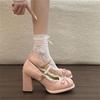 French Temperament Elegant Retro Mary Jane Shoes Spring High Heels Bow Word Single Shoes Lace