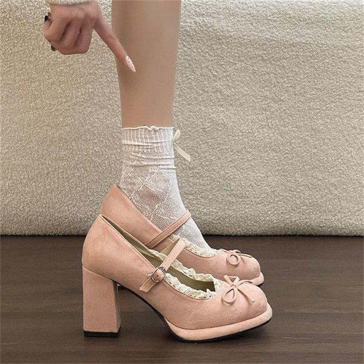 French temperament elegant retro Mary Jane shoes spring high heels bow word single shoes lace