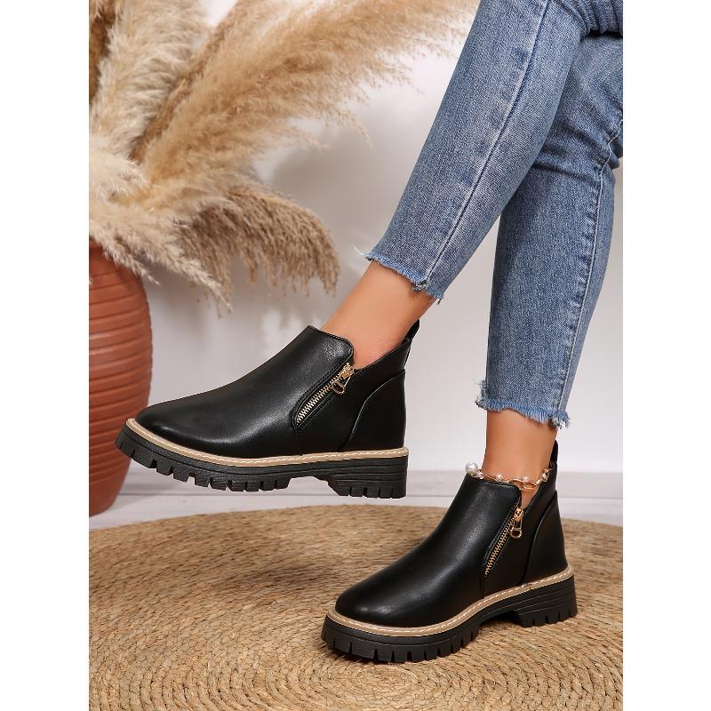 Women's Autumn/Winter New Chunky Sole Slip-Resistant Comfortable Low Heel Round Toe Side Zipper Closed Short Boots, Fashionable High-End Women's Shoes