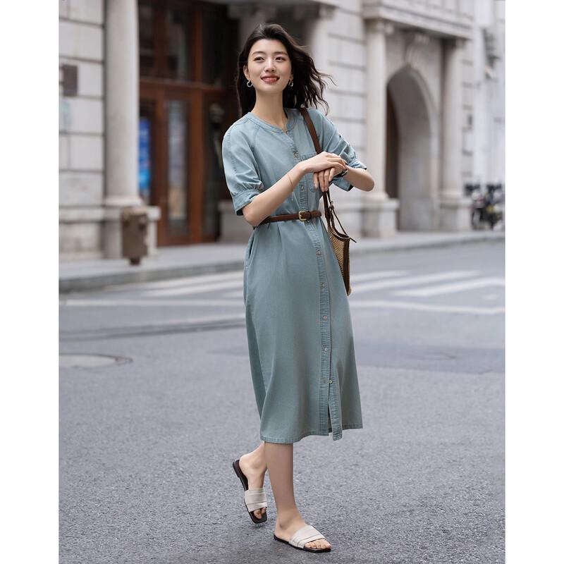 Demana Cloud Cotton V-Neck Belted Denim Dress