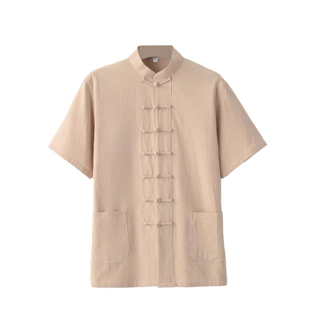 Tang Suit Men's Short-sleeved Cotton and Linen Vintage Tai Chi Shirt Summer Zen Meditation Lay Practitioner Clothing Father's Outfit