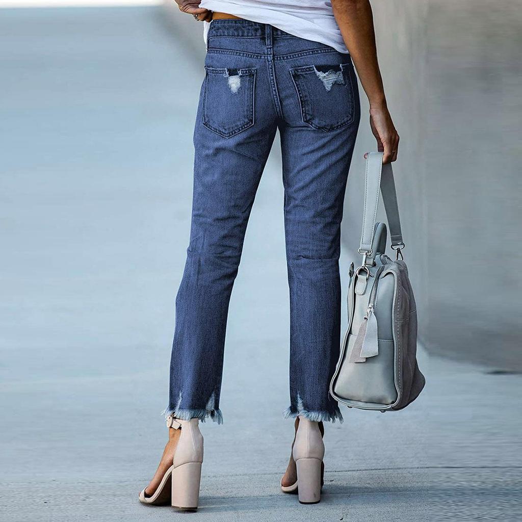Trendy Women's Vintage Black Distressed Jeans, Frayed Rips & Raw Hem Casual Pants, Streetwear Jeans for Daily & Casual Outings