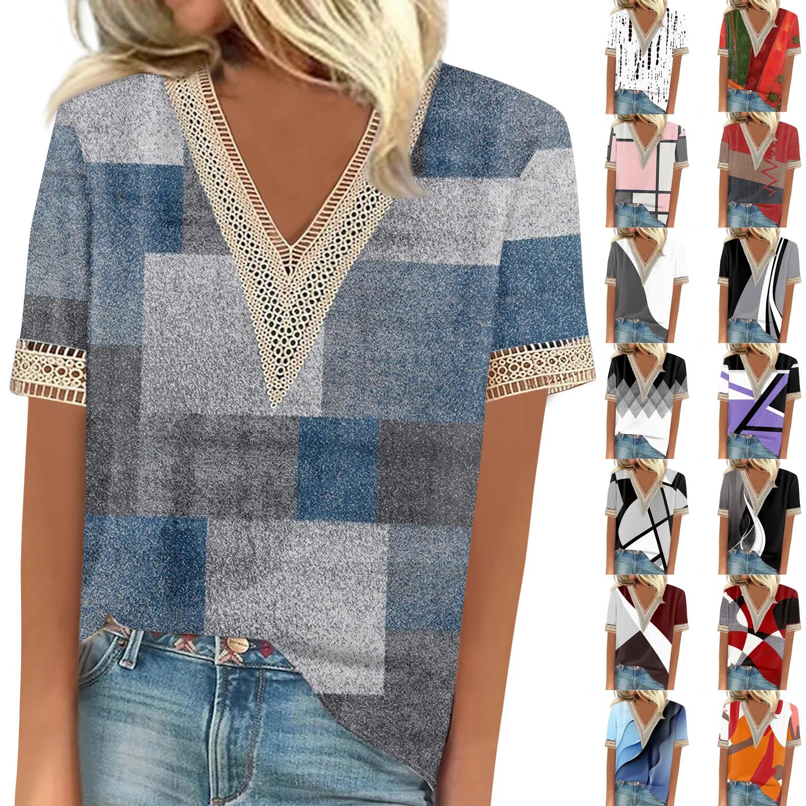 

Женская рубашка, блузка, повседневные свободные рубашки с короткими рукавами и кружевной отделкой, топы с v-образным вырезом и принтом, топы с принтом, футболки, футболки