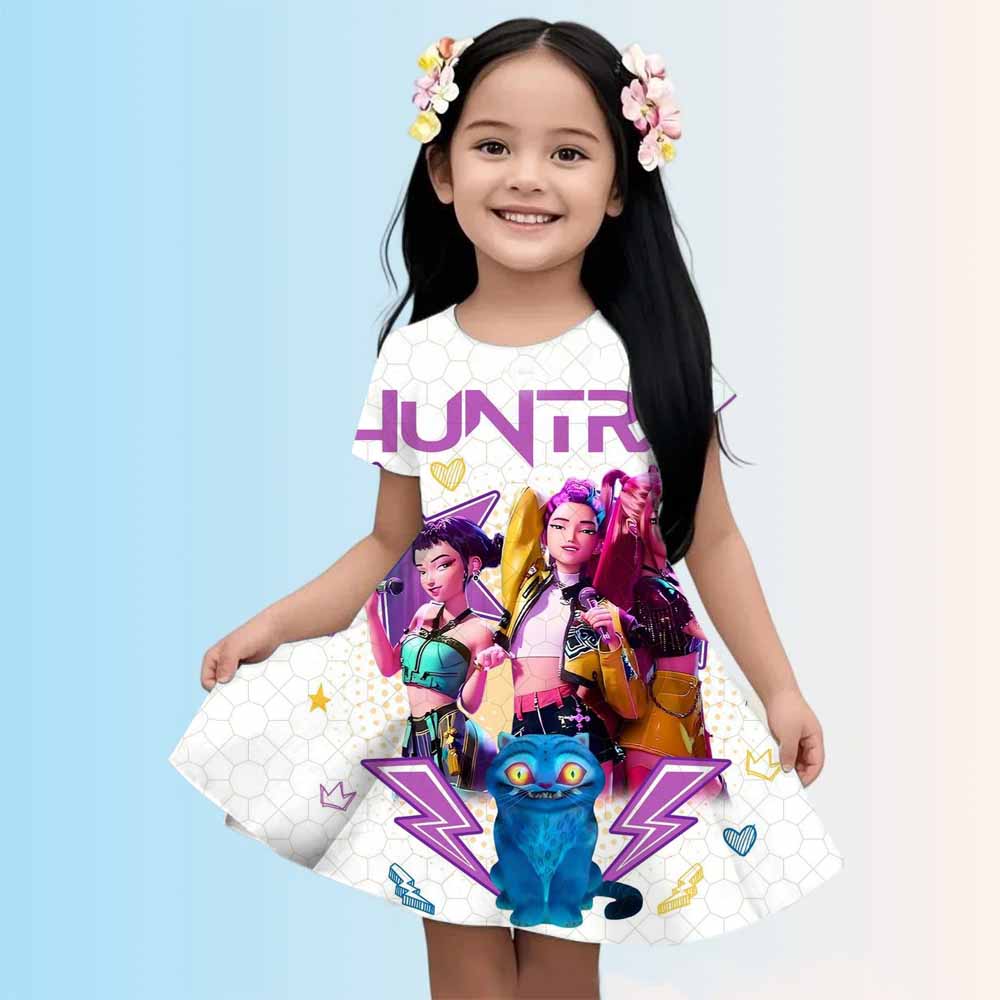 3-14 Year Old Girl KPop Demon Hunters 3d Printed Short Sleeved Dress Loose And Comfortable Party Dress 100-160