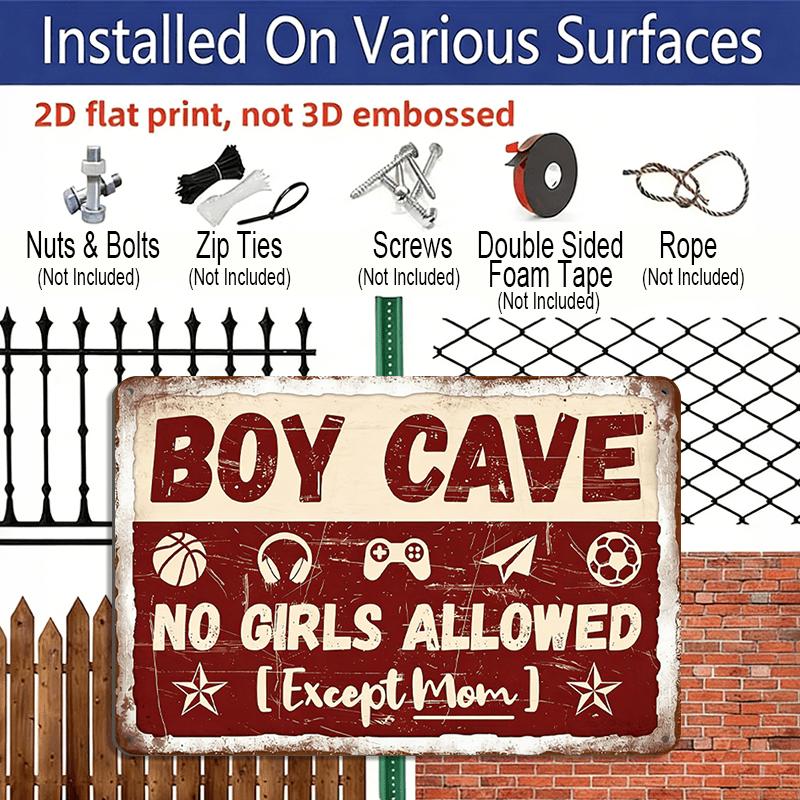 2D Flat Decorative Signs & Plaques1pc Vintage "Boy Cave No Girls Allowed Except Mom" Metal Aluminum Sign - 12X8 Inch - Retro Wall Decor for Game