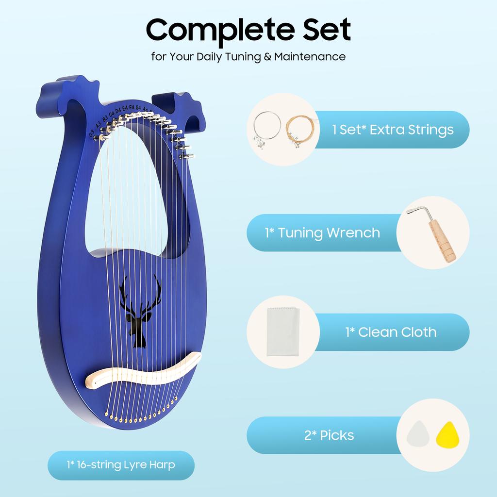 Blue 16 String Lyre Harp Solid Mahogany Antler Design Portable Musical Instrument for Adults Beginners Kids Gift Practice Travel
