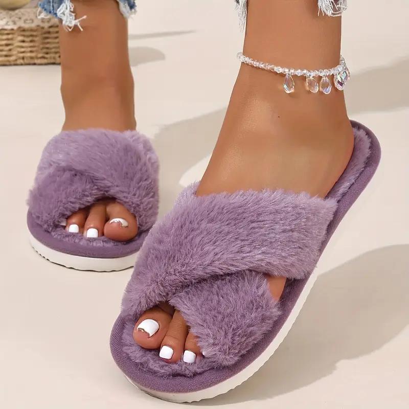 Women'S Cozy Plush Slip-On Slippers with Cross Strap - Soft Faux Fur Lining, Warm EVA Sole, Open-Toe Design for Indoor & Outdoor House Slippers
